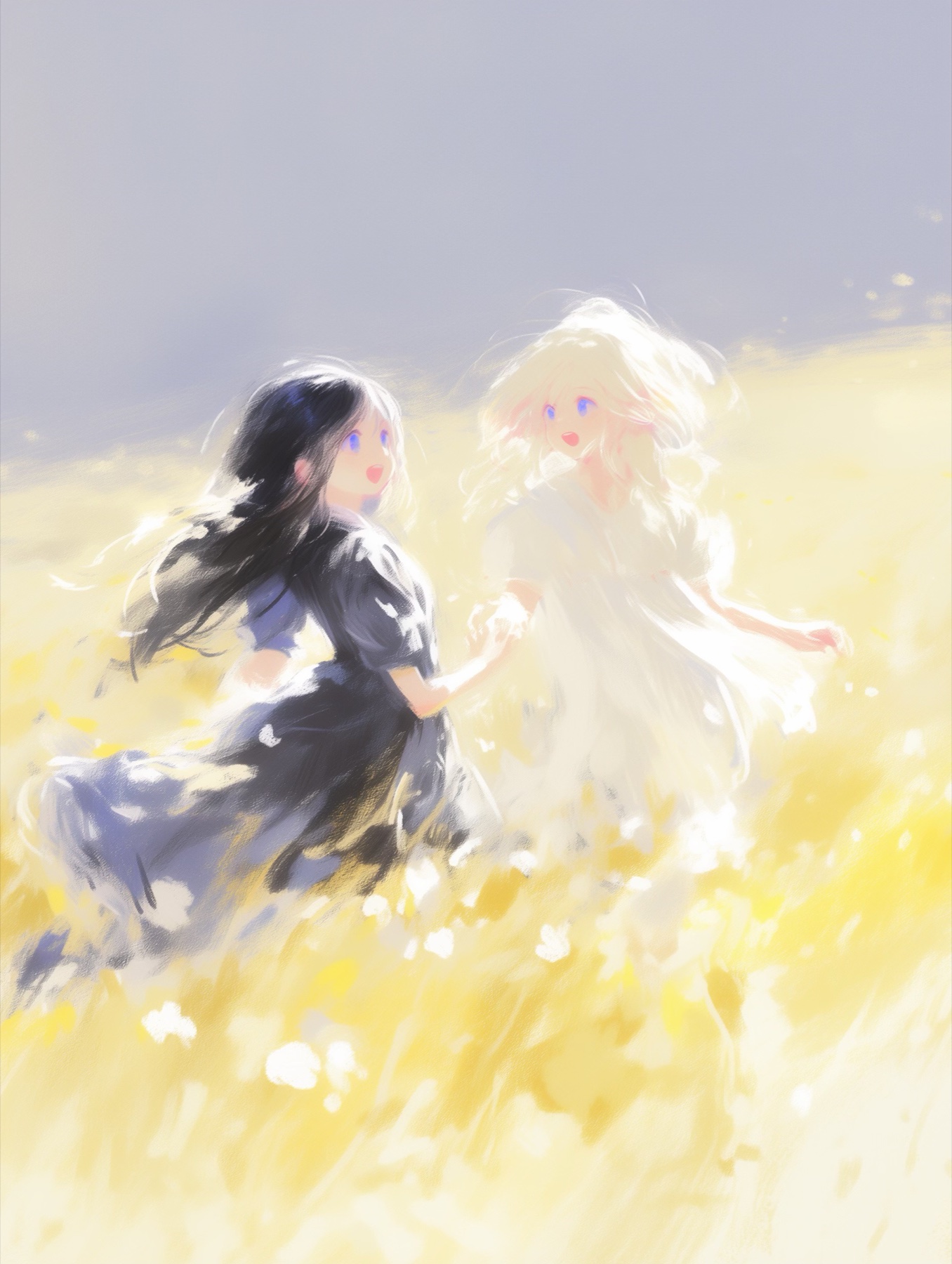 两位女孩在明亮花野中牵手相遇的柔和插画
