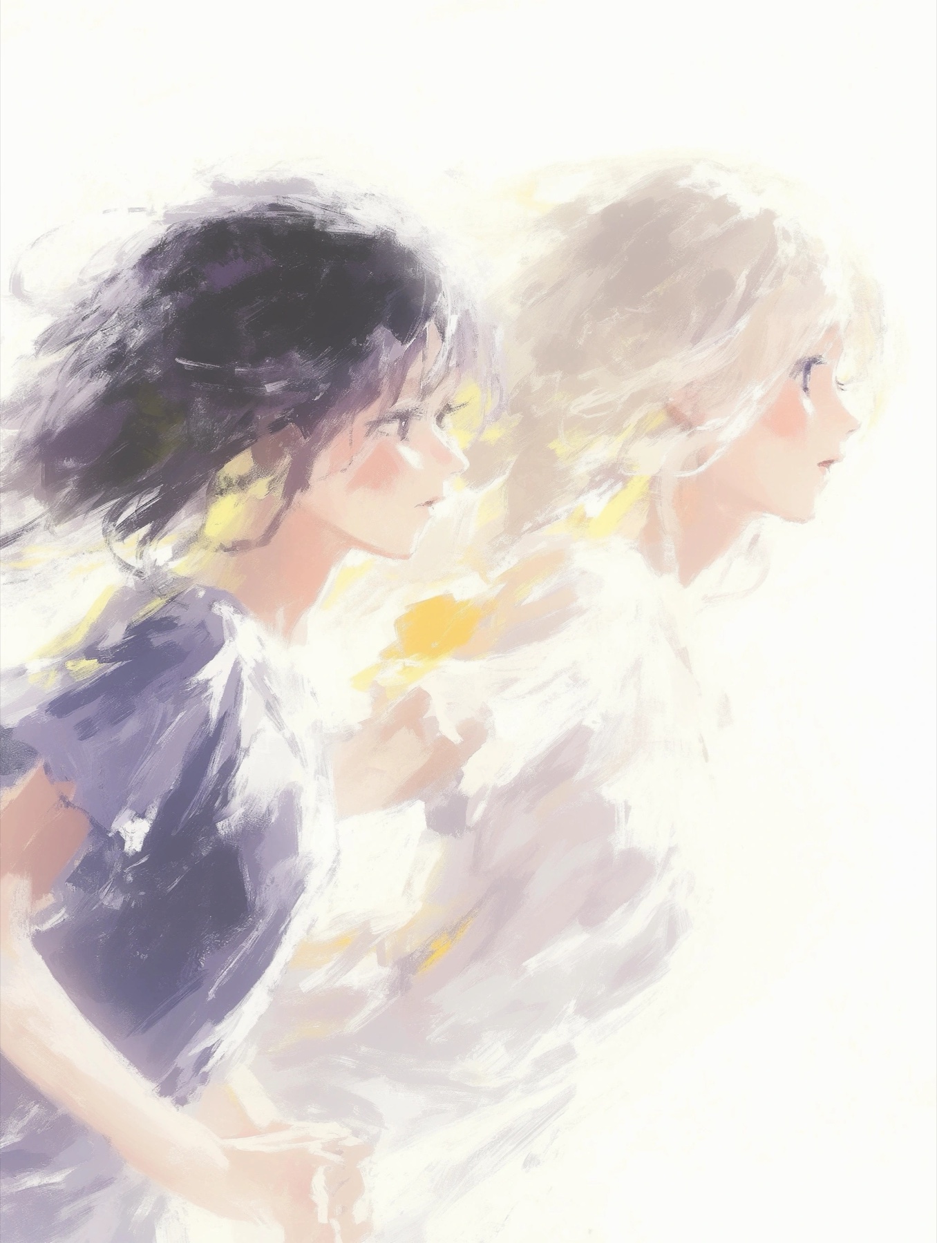 两位女孩并肩前行的浅色手绘插画